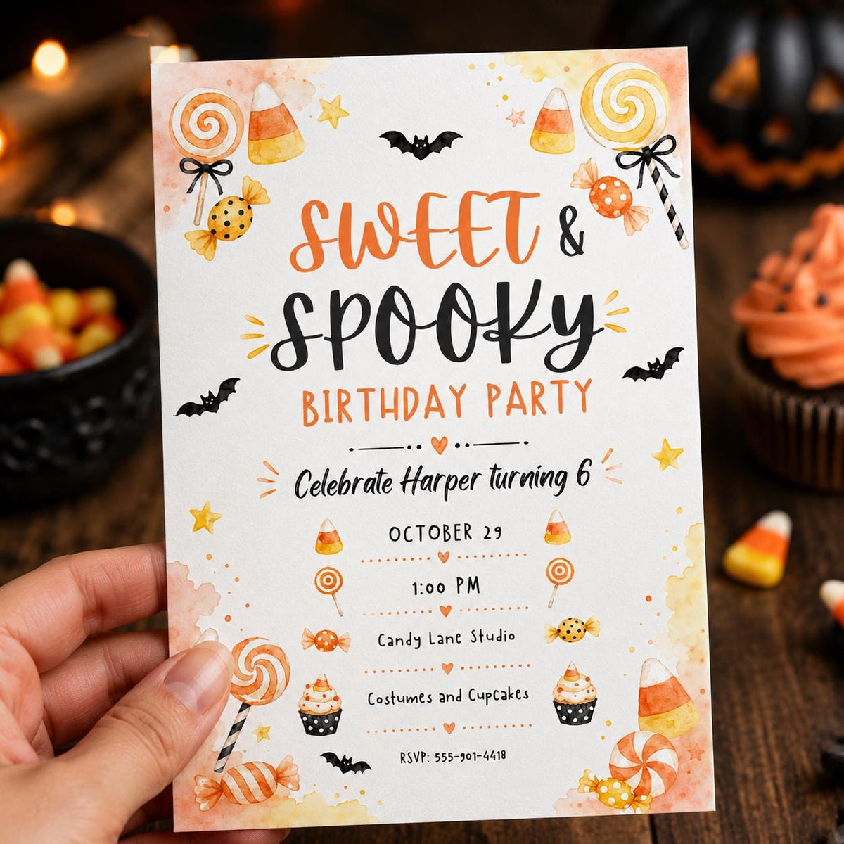 Candy Sweet and Spooky 6th Birthday Invitation — 6th birthday party stationery by VoltBy