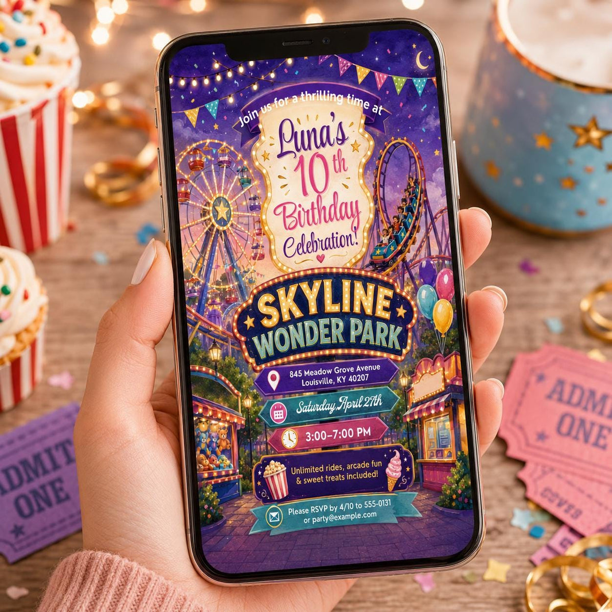 Carnival Amusement Park 10th Birthday Invitation for Girls — 10th birthday party stationery by VoltBy