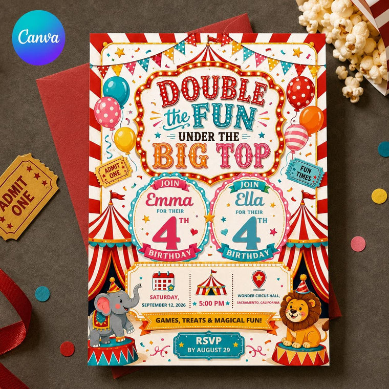 Carnival Twin 4th Birthday Invitation