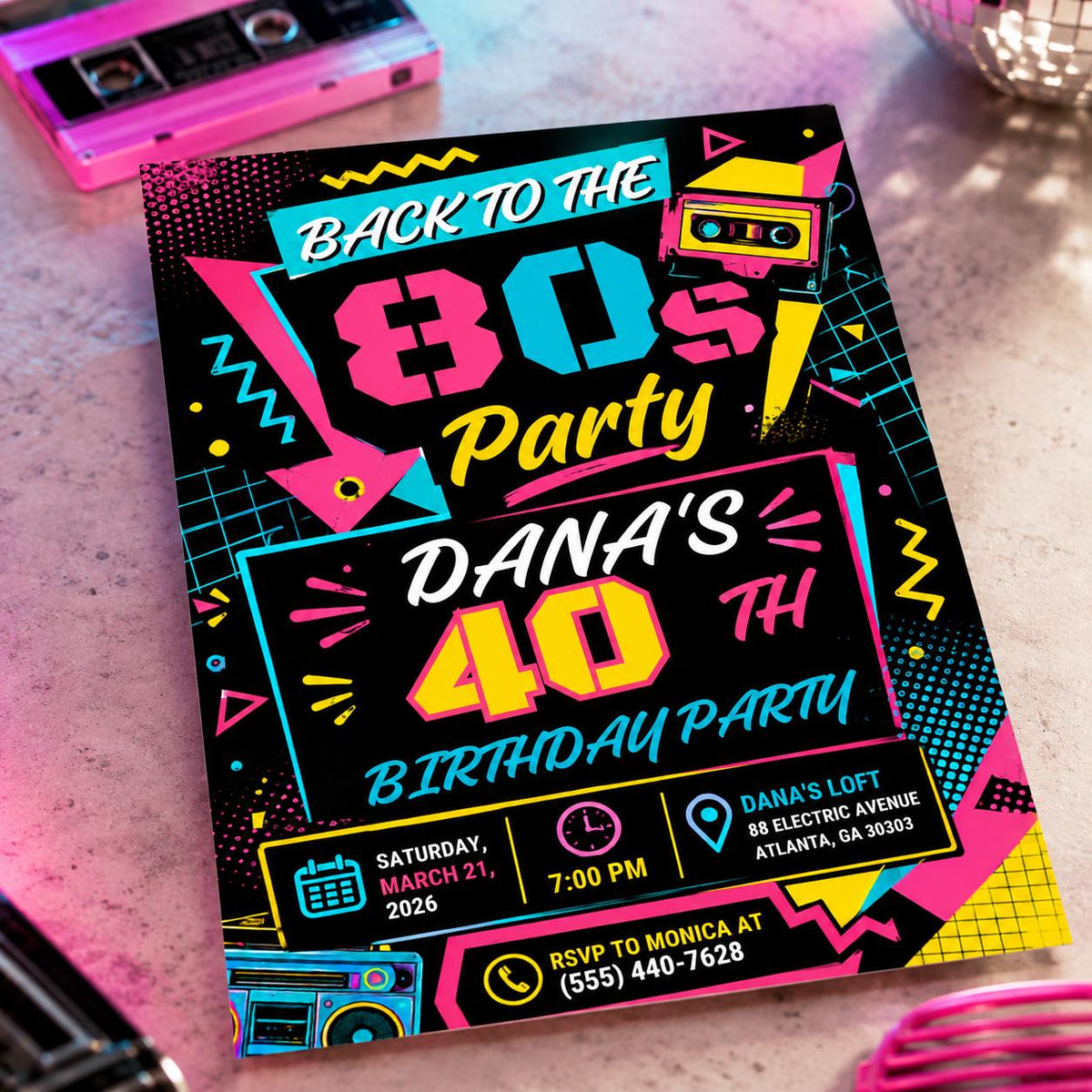 Cassette Back to the 80s 40th Birthday Invitation — digital invitation, instant download