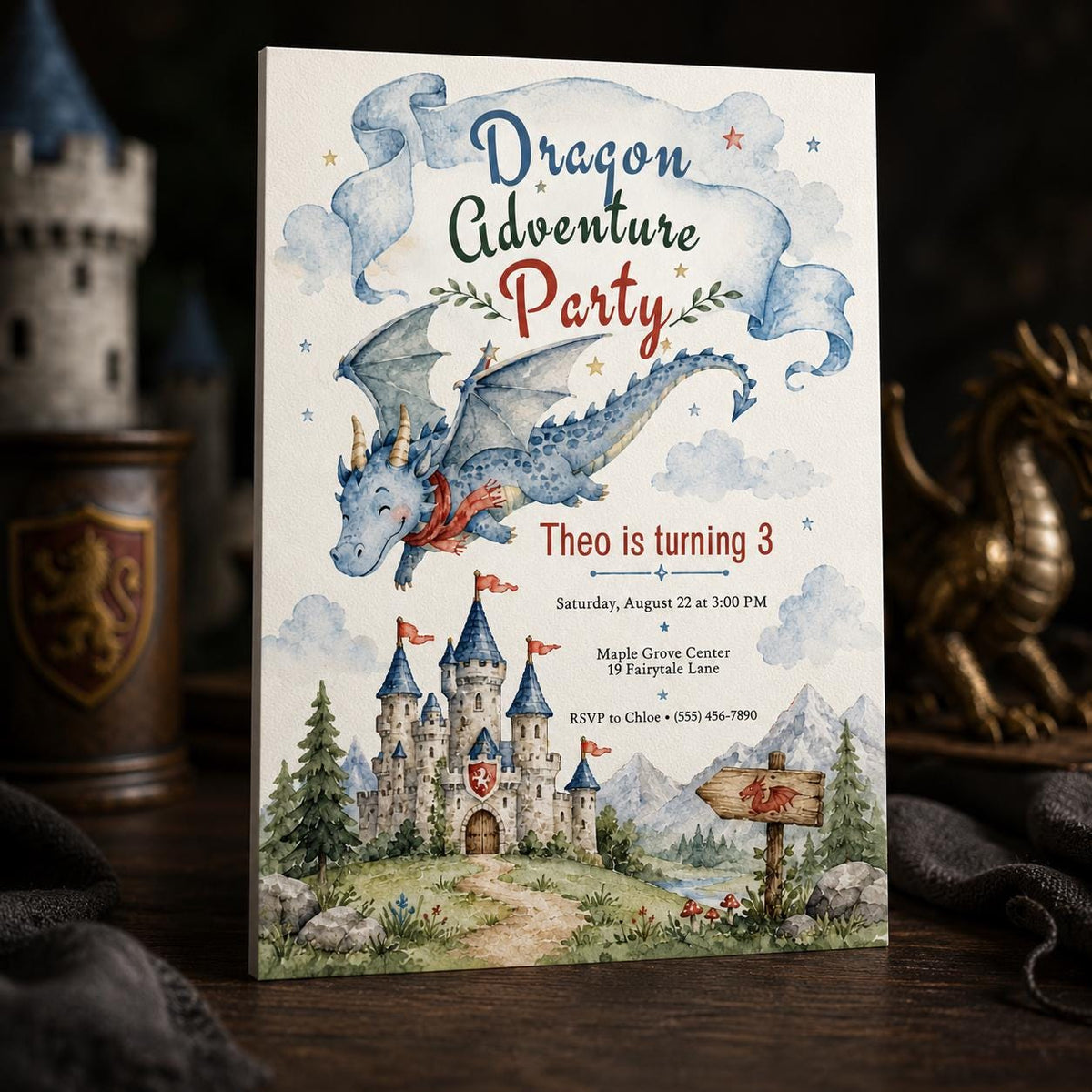 Castle Dragon 3rd Birthday Invitation — 3rd birthday party stationery by VoltBy