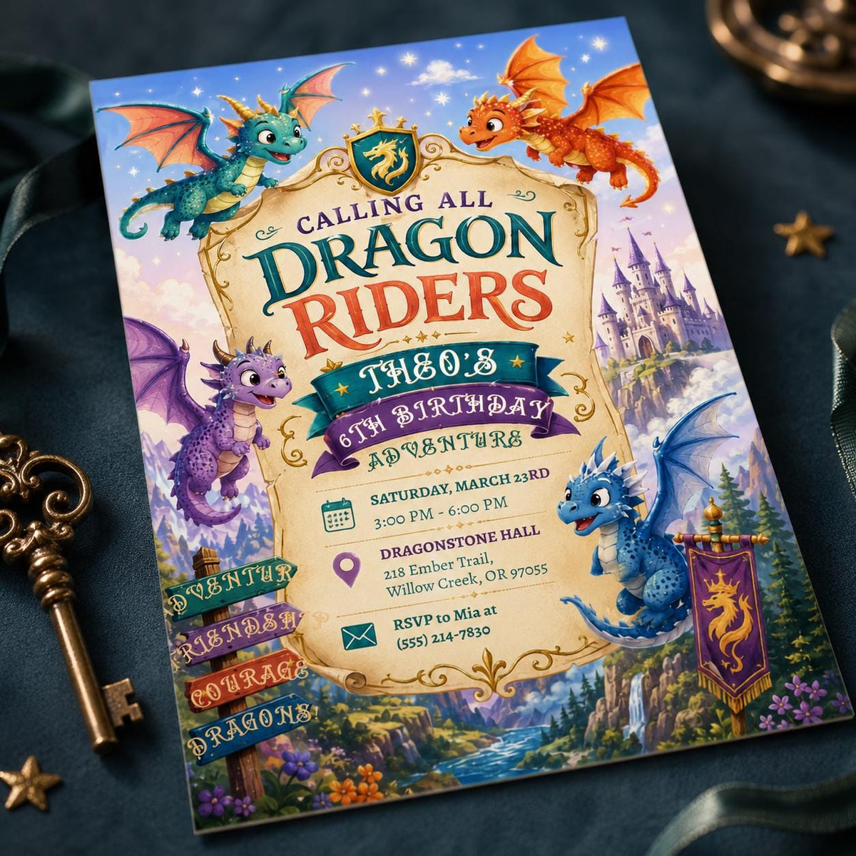 Castle Dragon 6th Birthday Invitation — 6th birthday party stationery by VoltBy