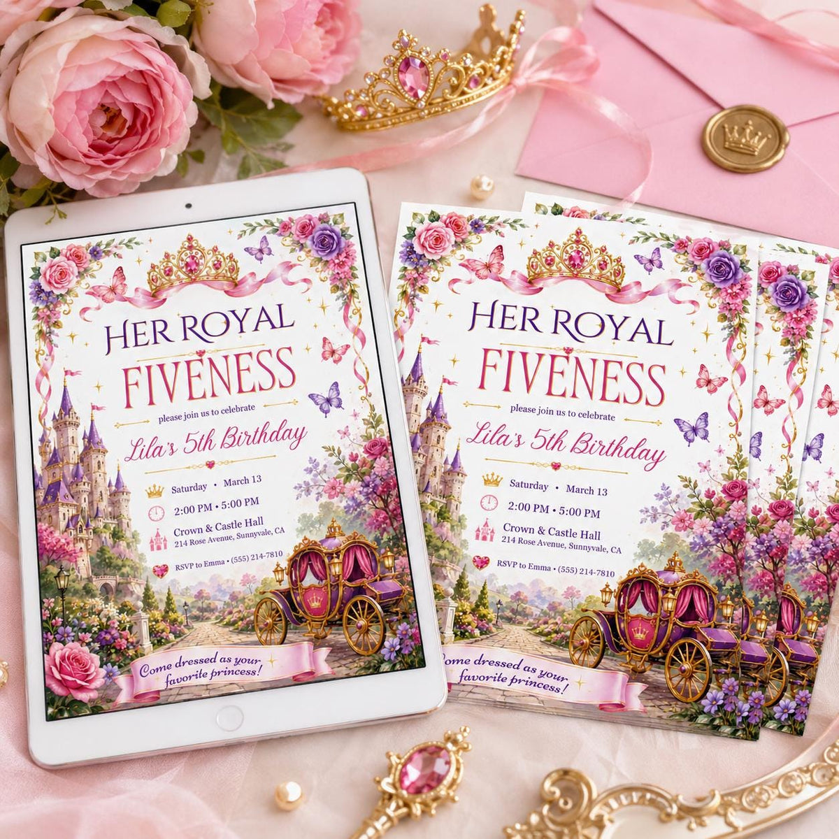 Castle Her Royal Fiveness Princess 5th Birthday Invitation — 5th birthday party stationery by VoltBy