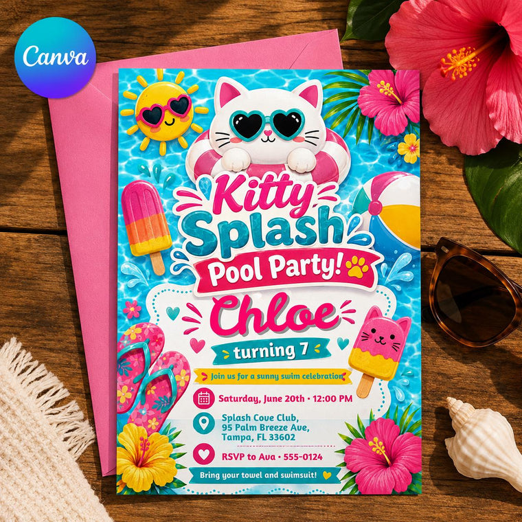 Cat Kitty Pool Party Invitation for Girls