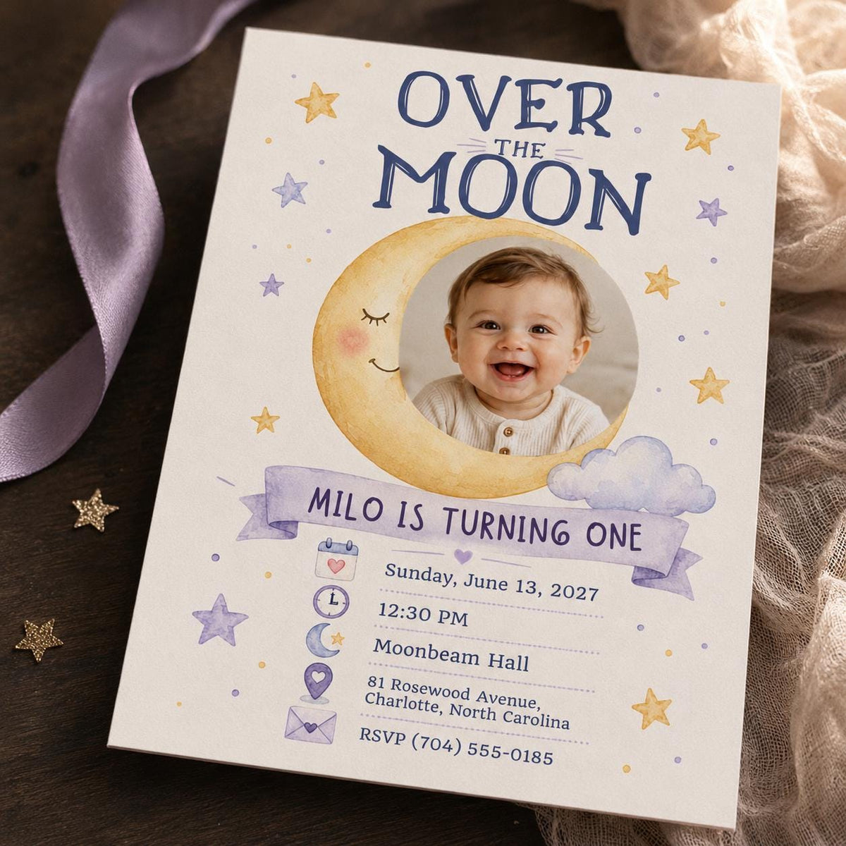 Celestial Over the Moon First Birthday Invitation for Boys — first birthday stationery by VoltBy