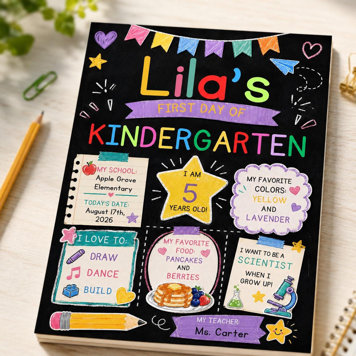 Chalkboard Kindergarten First Day Sign with Bunting — print-ready back-to-school event design from VoltBy