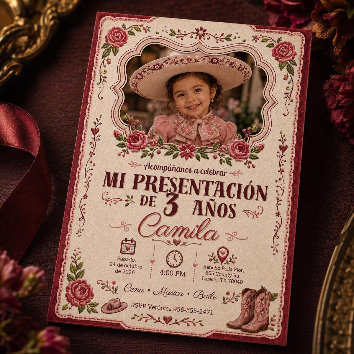 Charra Photo Presentación de Tres Años Invitation — rose artwork in burgundy and cream