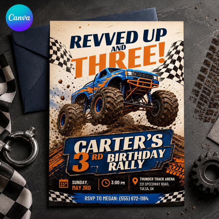 Checkered Monster Truck 3rd Birthday Invitation for Boys