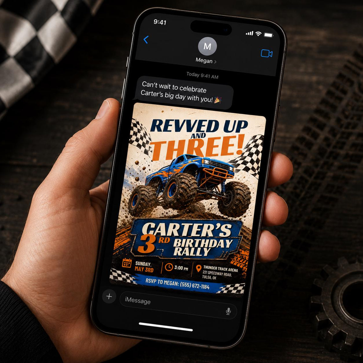 Checkered Monster Truck 3rd Birthday Invitation for Boys — digital invitation, instant download