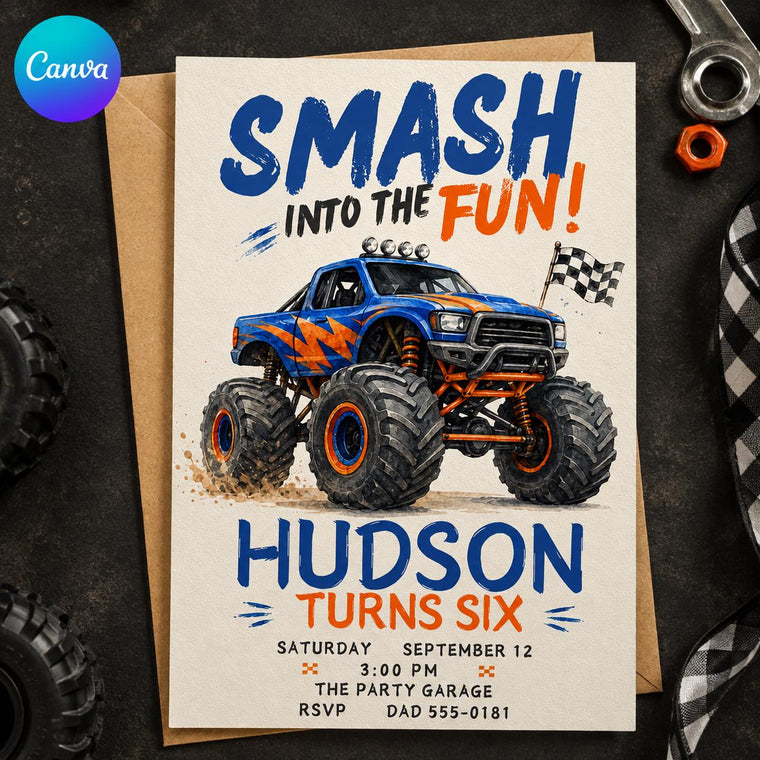 Checkered Monster Truck 6th Birthday Invitation