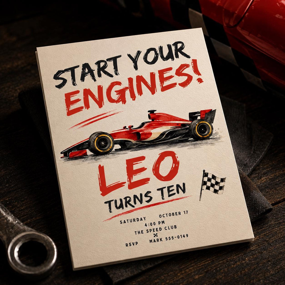 Checkered Race Car 10th Birthday Invitation — 10th birthday party stationery by VoltBy