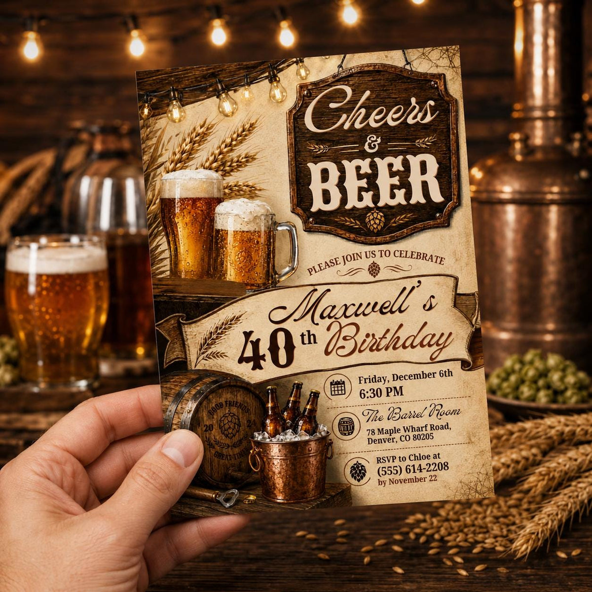 Cheers and Beers Birthday Invitation — digital invitation, instant download