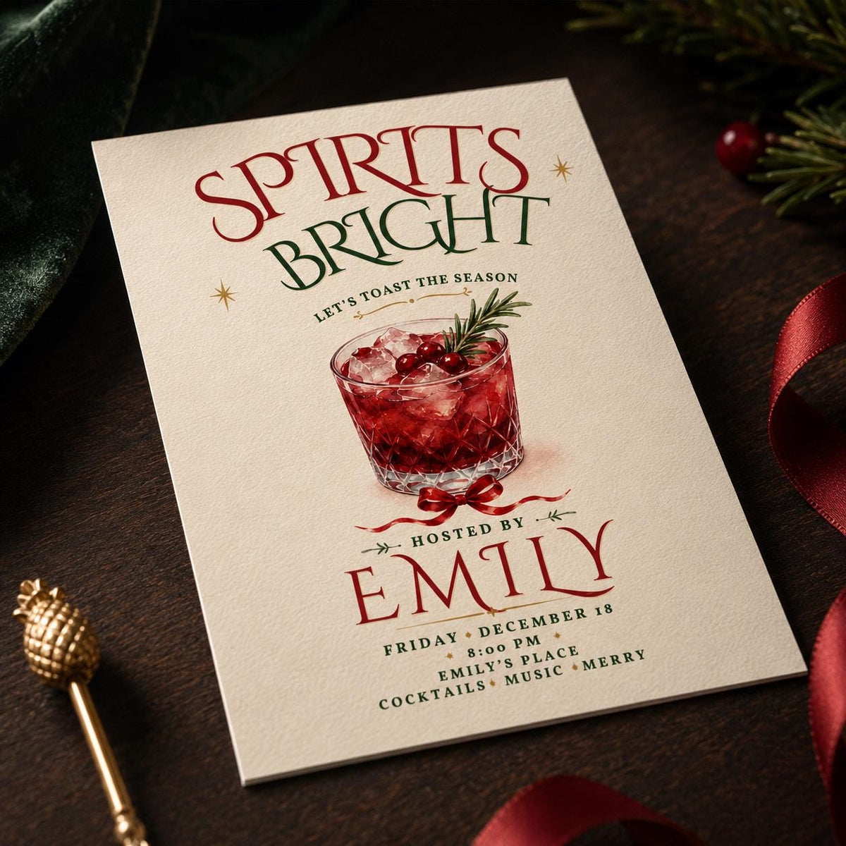 Christmas Cocktail Party Invitation: Spirits Bright Holiday Party — Christmas celebration stationery by VoltBy