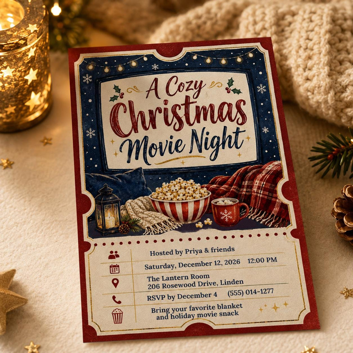 Christmas Movie Night Invitation: Cozy Holiday Party — Christmas celebration stationery by VoltBy