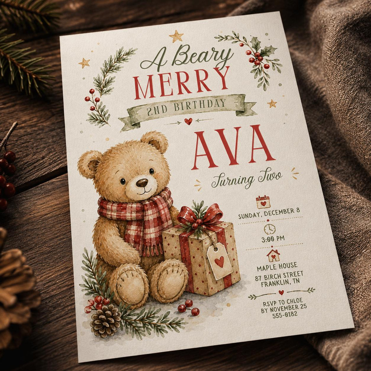 Christmas Teddy Bear 2nd Birthday Invitation — 2nd birthday party stationery by VoltBy