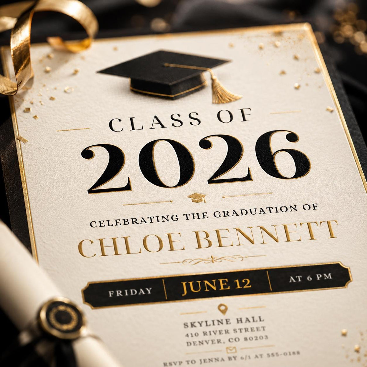 Black and Gold Class of 2026 Graduation Invitation — digital invitation, instant download