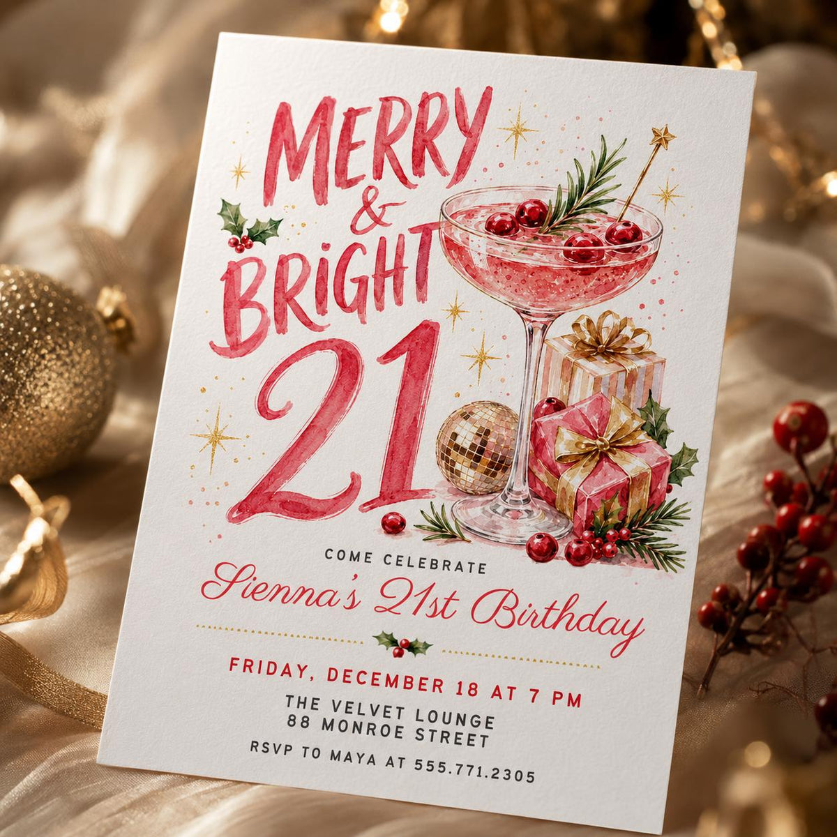 Cocktail 21st Birthday Christmas Invitation — 21st birthday party stationery by VoltBy