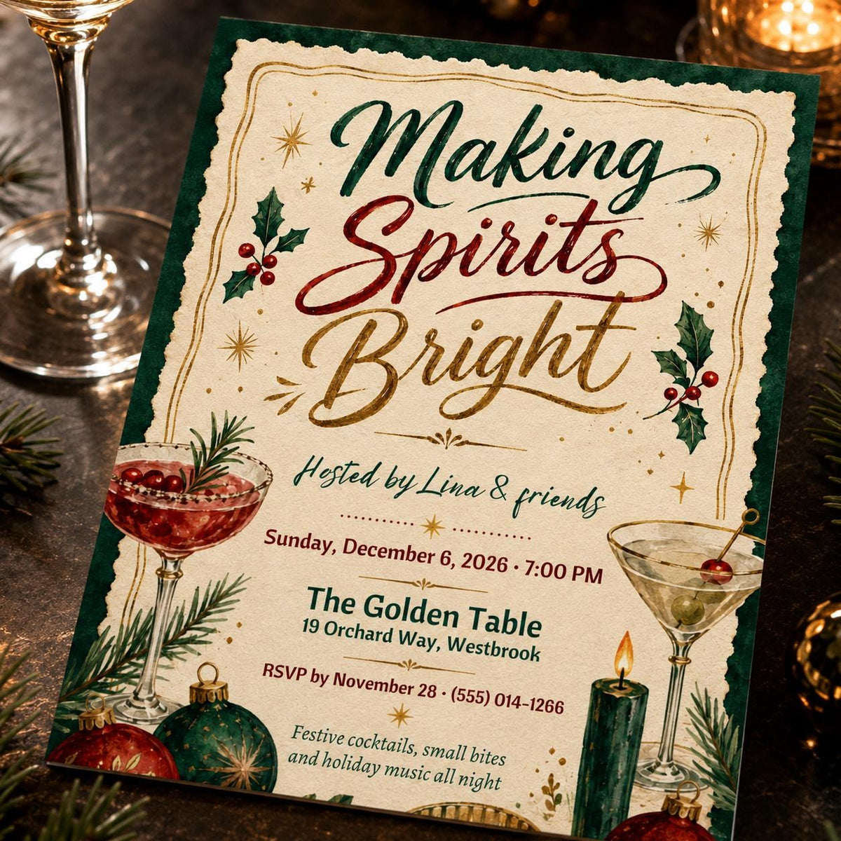 Cocktail Making Spirits Bright Christmas Party Invitation — Christmas celebration stationery by VoltBy