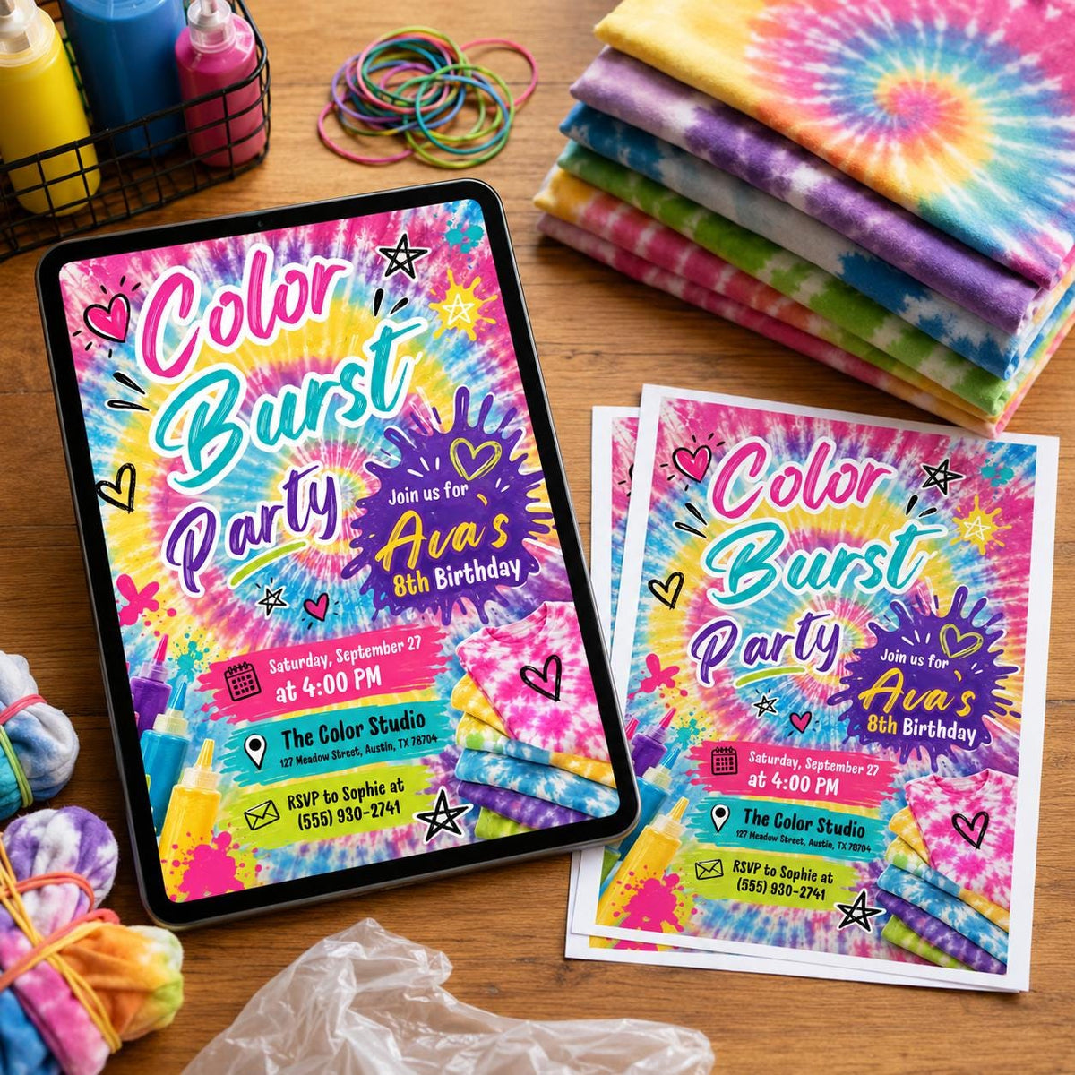 Color Burst Party Invitation — digital invitation, instant download
