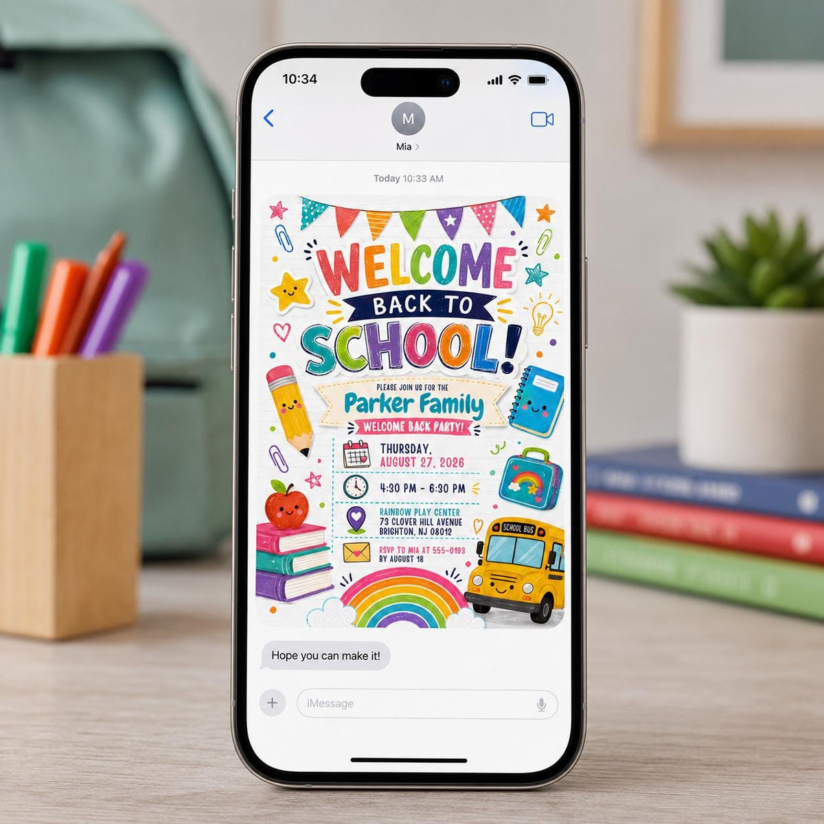 Colorful and Rainbow Back to School Party Invitation — digital invitation, instant download