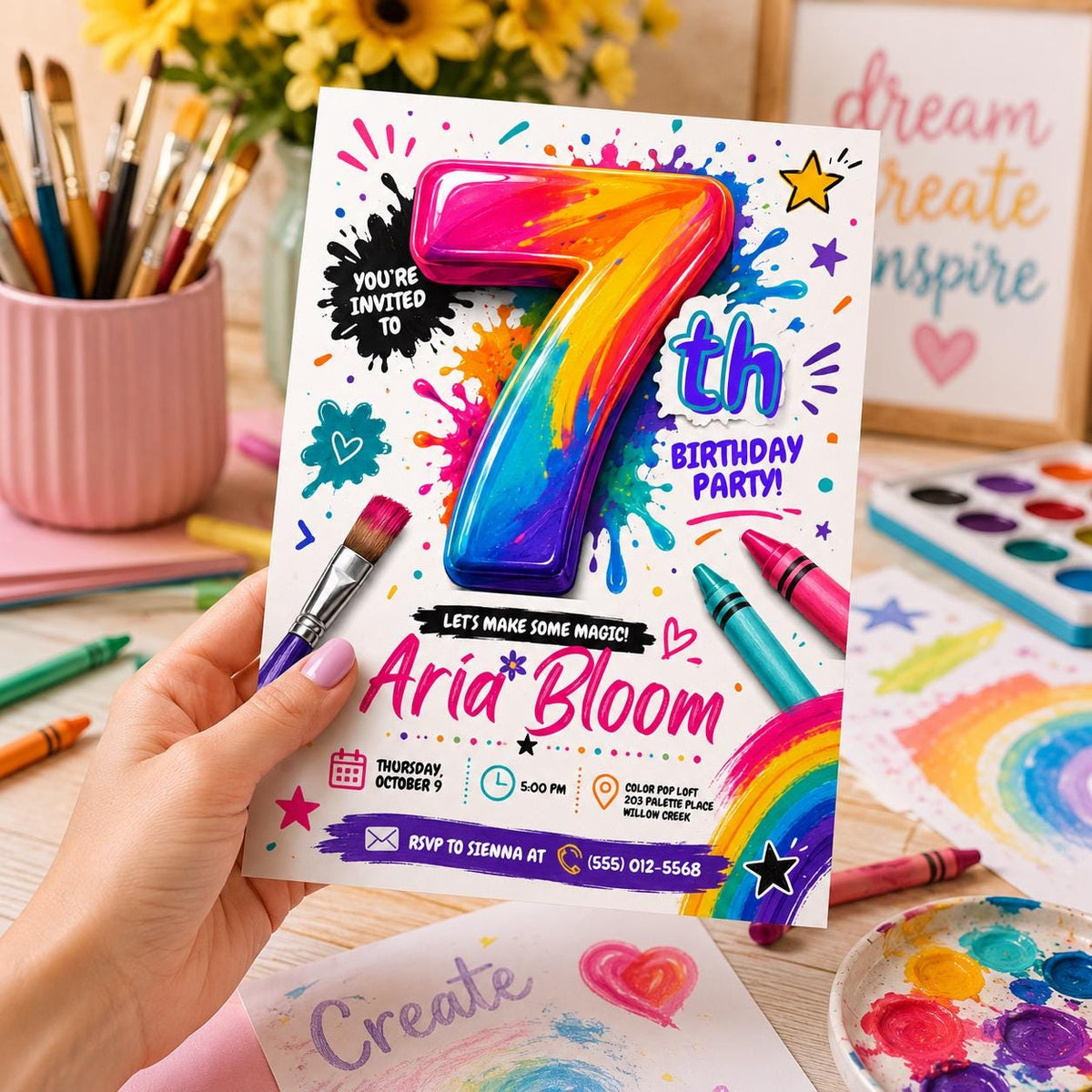 Colorful Art 7th Birthday Invitation for Girls — 7th birthday party stationery by VoltBy