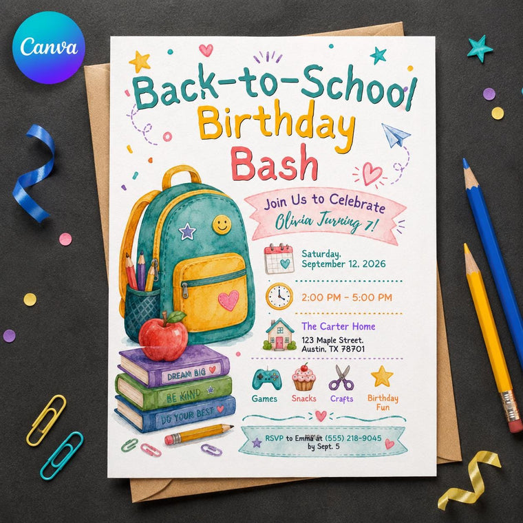Colorful Back to School 7th Birthday Invitation