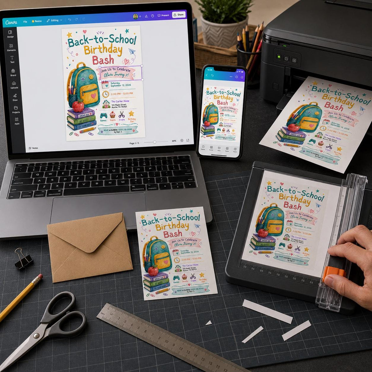 Colorful Back to School 7th Birthday Invitation — 7th birthday party stationery by VoltBy