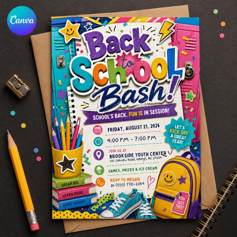 Colorful Back to School Bash Invitation: Colorful School Year Kickoff Party Flyer