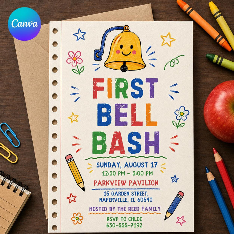 Colorful Back to School Bash Invitation: First Bell School Party