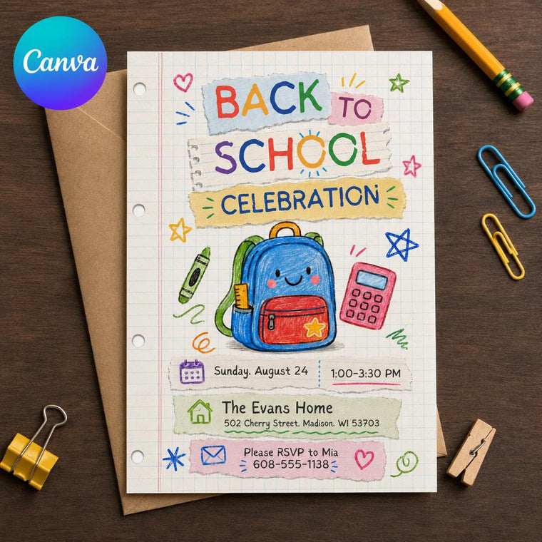 Colorful Back to School Party Invitation: Colorful Backpack Celebration