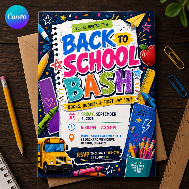Colorful Back to School Party Invitation: Colorful School Bus Bash
