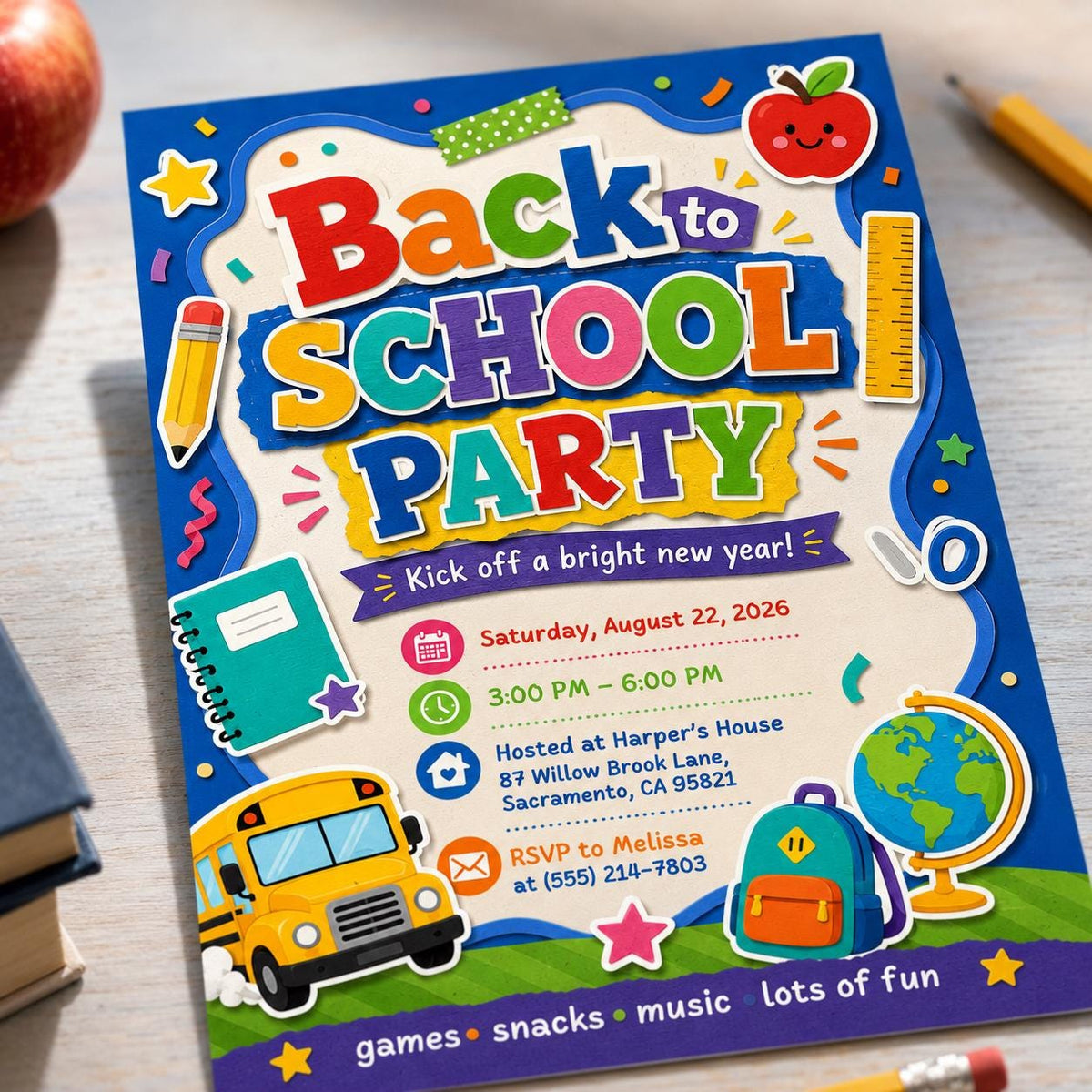 Colorful Back to School Party Invitation: Colorful School Bus Kickoff — back-to-school event stationery by VoltBy