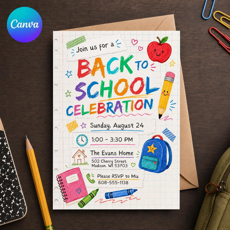 Colorful Back to School Party Invitation: Colorful School Supplies Celebration
