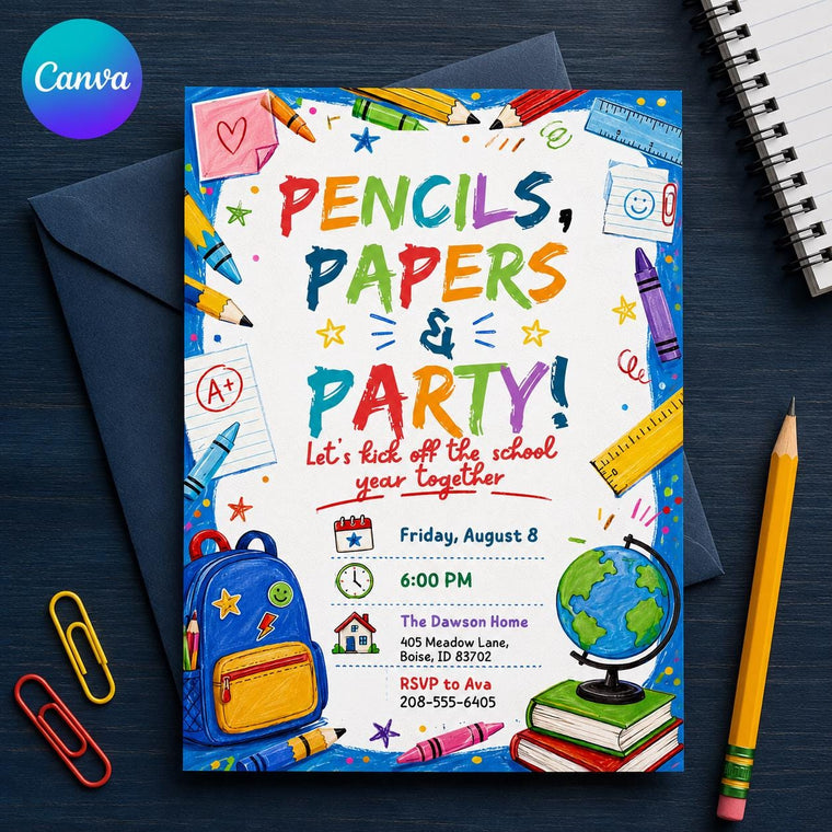 Colorful Back to School Party Invitation: Pencils Papers and Party