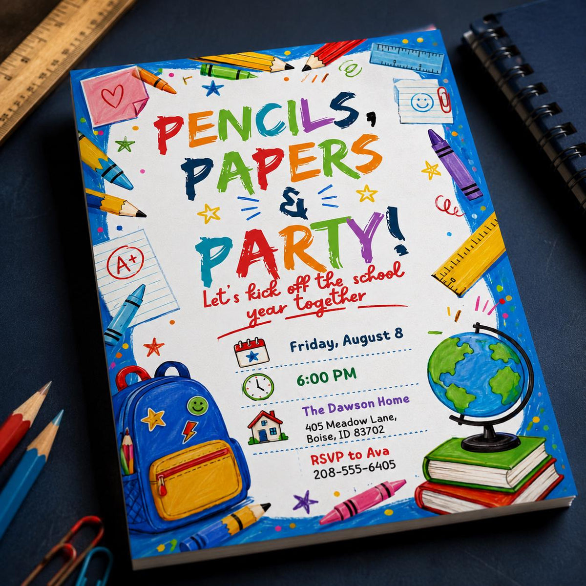 Colorful Back to School Party Invitation: Pencils Papers and Party — back-to-school event stationery by VoltBy