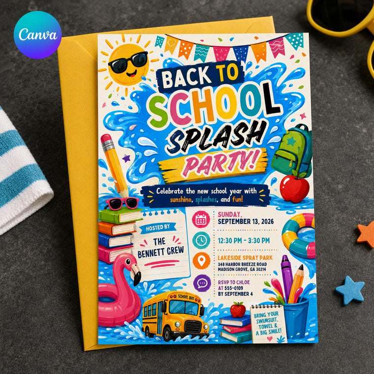 Colorful Back to School Pool Party Invitation