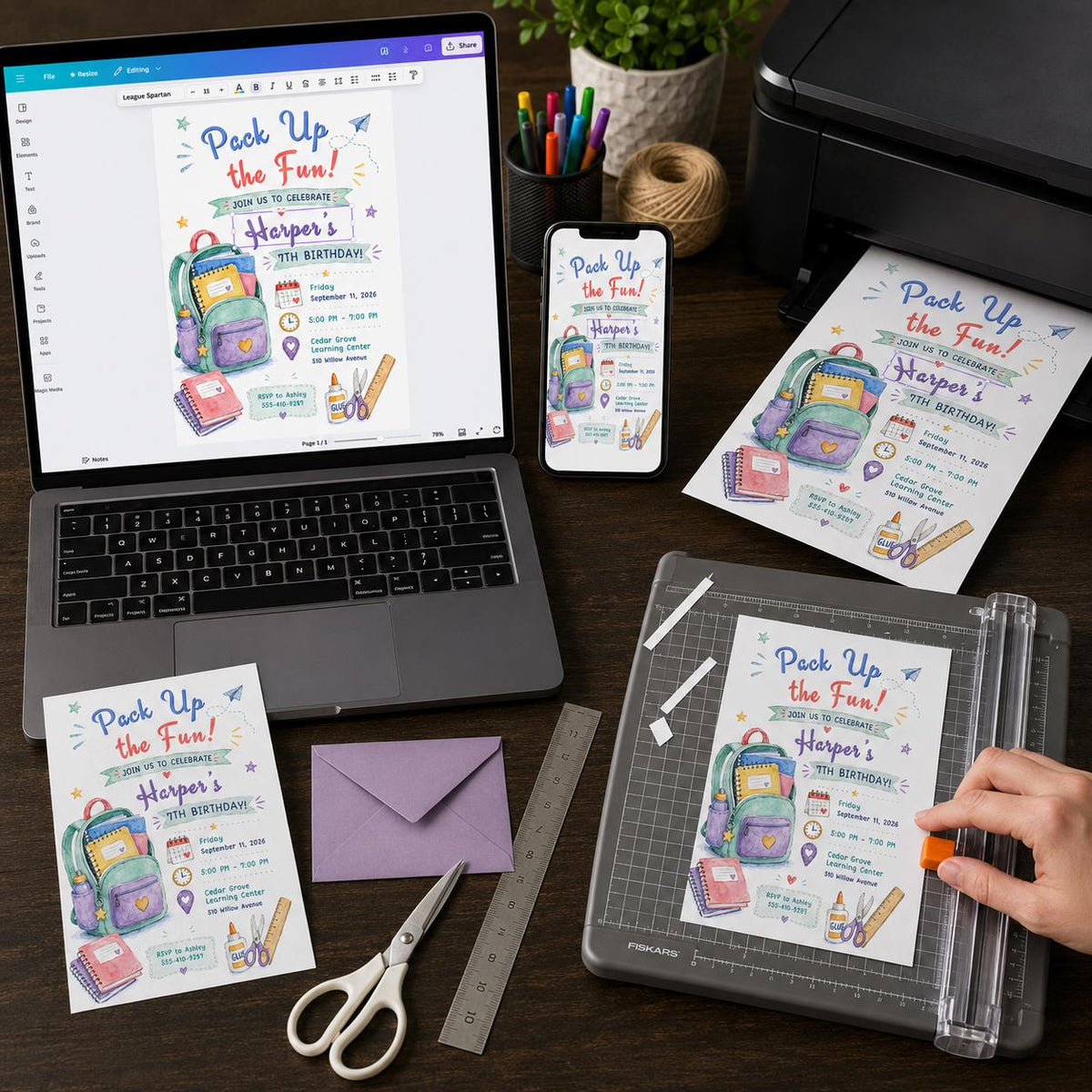 Colorful Backpack 7th Birthday Invitation — 7th birthday party stationery by VoltBy