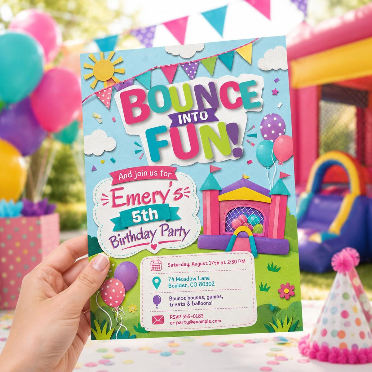 Colorful Bounce House 5th Birthday Invitation — digital invitation, instant download