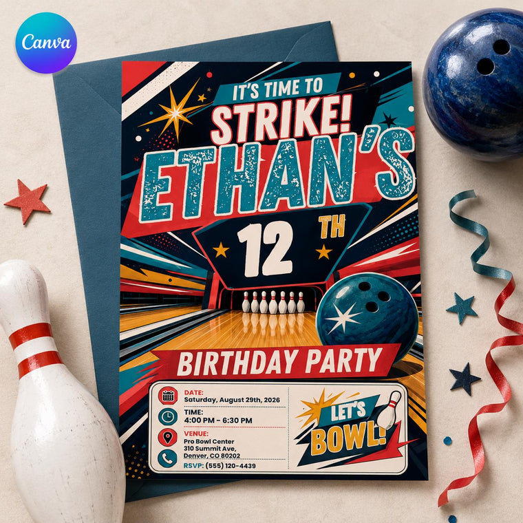 Colorful Comic Book Comic Bowling 12th Birthday Invitation for Boys