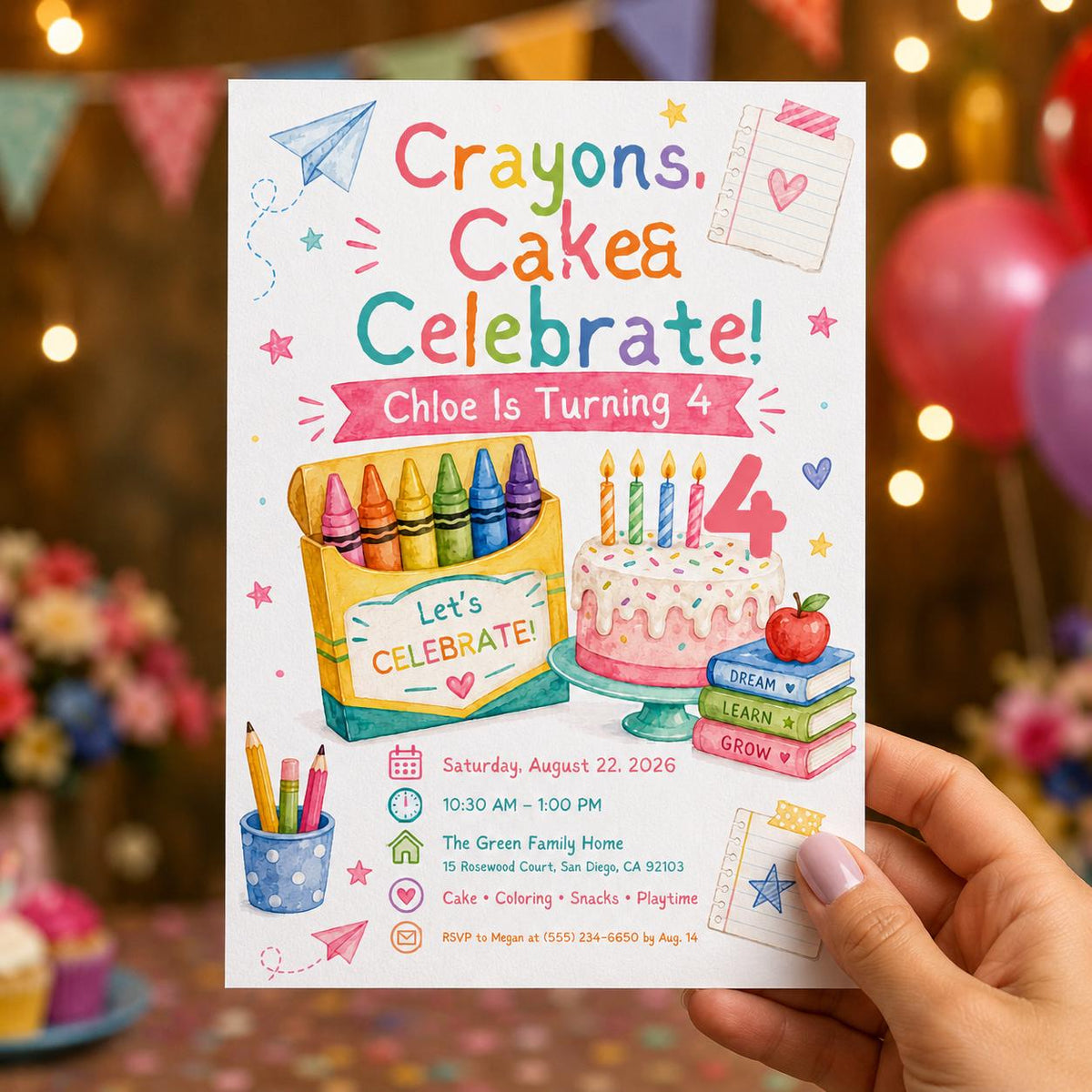 Colorful Crayon Birthday Invitation for Girls — digital invitation, instant download
