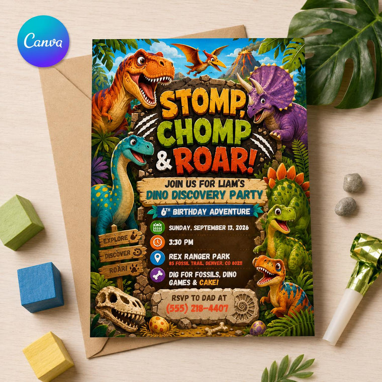 Colorful Dinosaur 6th Birthday Invitation