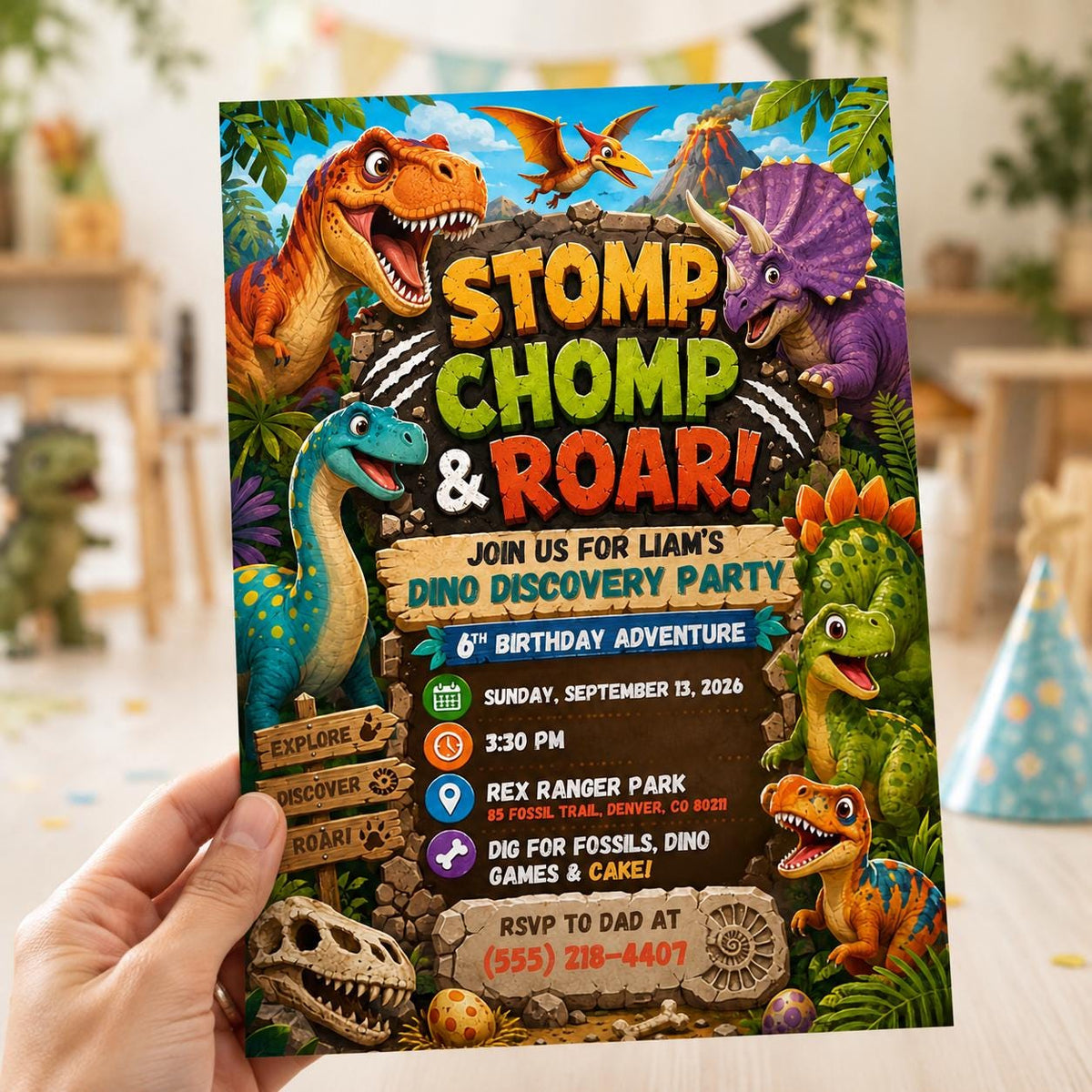Colorful Dinosaur 6th Birthday Invitation — digital invitation, instant download