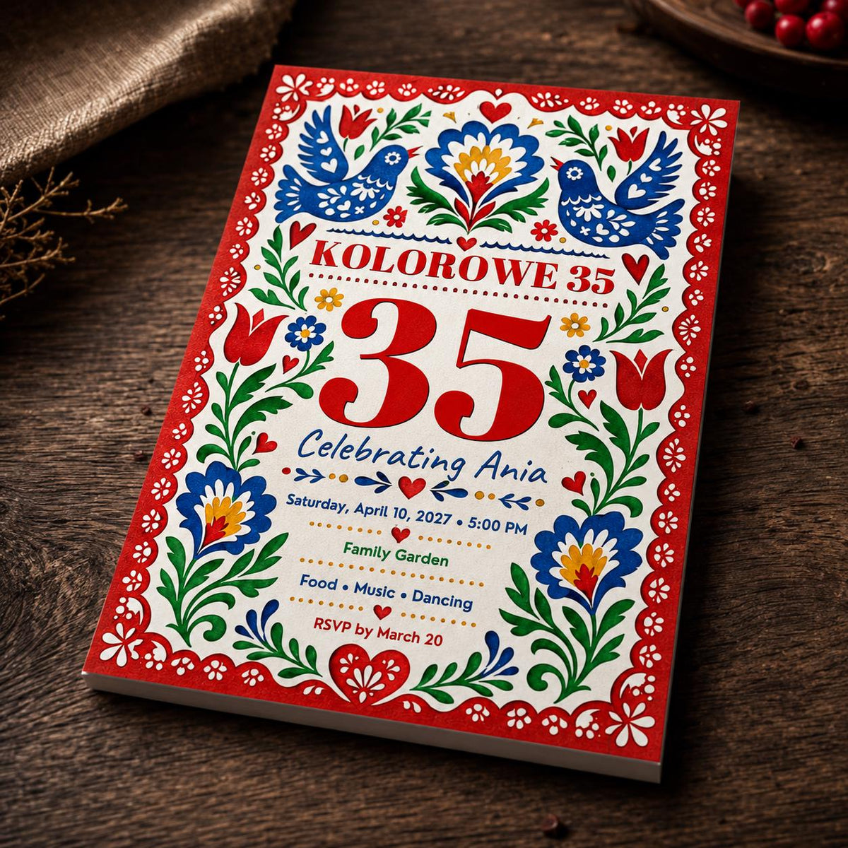 Colorful Floral Polish Folk 35th Birthday Invitation — 35th birthday party stationery by VoltBy