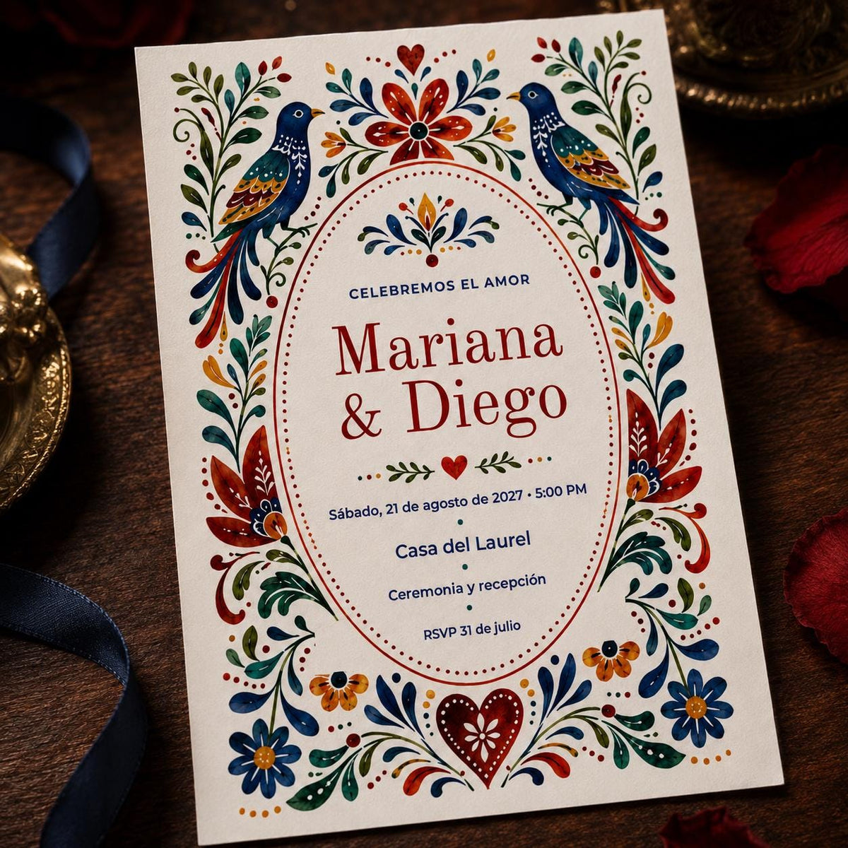 Colorful Floral Spanish Folk Art Wedding Invitation — wedding stationery by VoltBy