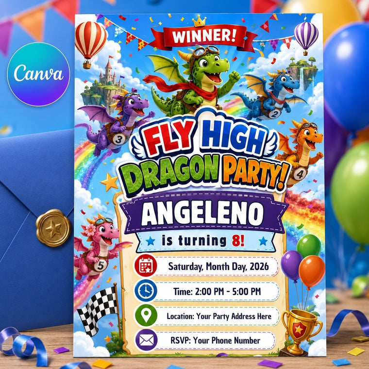 Colorful Fly High Dragon Party Birthday Invitation for Boys