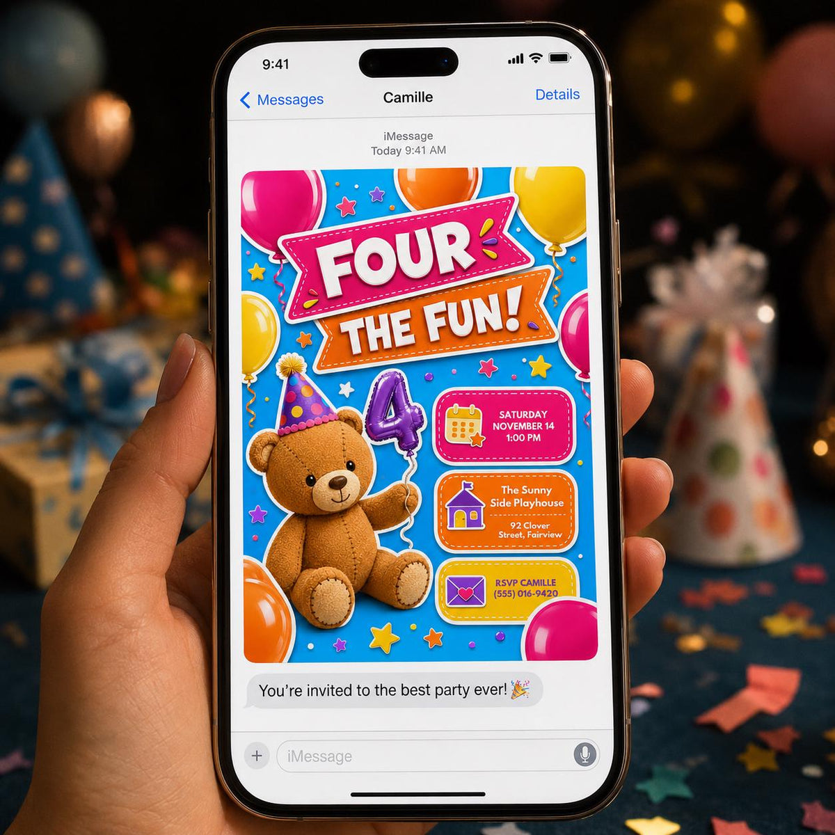 Colorful Four Times the Fun 4th Birthday Invitation — digital invitation, instant download