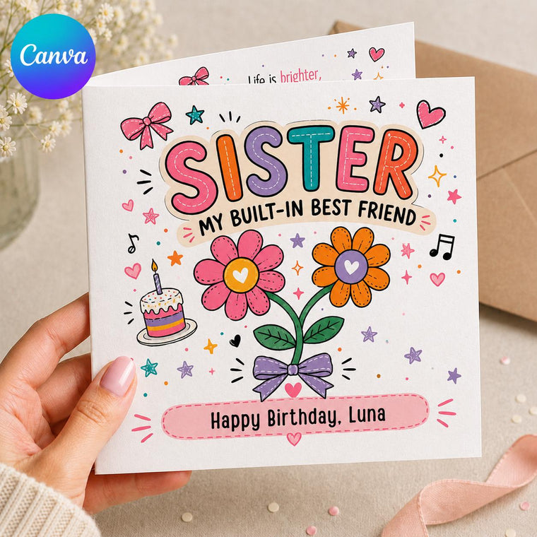 Colorful Hand Drawn Sister Birthday Greeting Card
