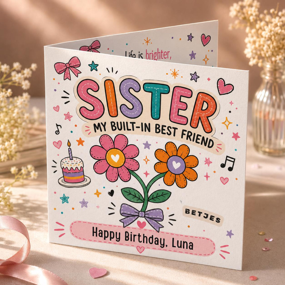 Colorful Hand Drawn Sister Birthday Greeting Card — birthday party stationery by VoltBy