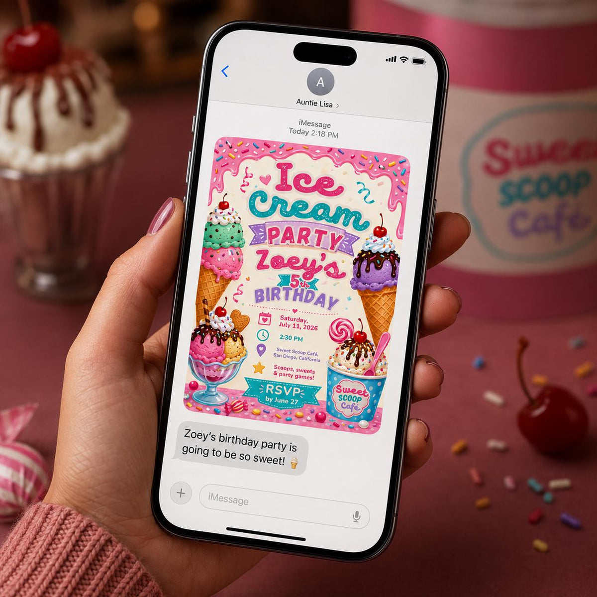 Colorful Ice Cream 5th Birthday Invitation for Girls — 5th birthday party stationery by VoltBy