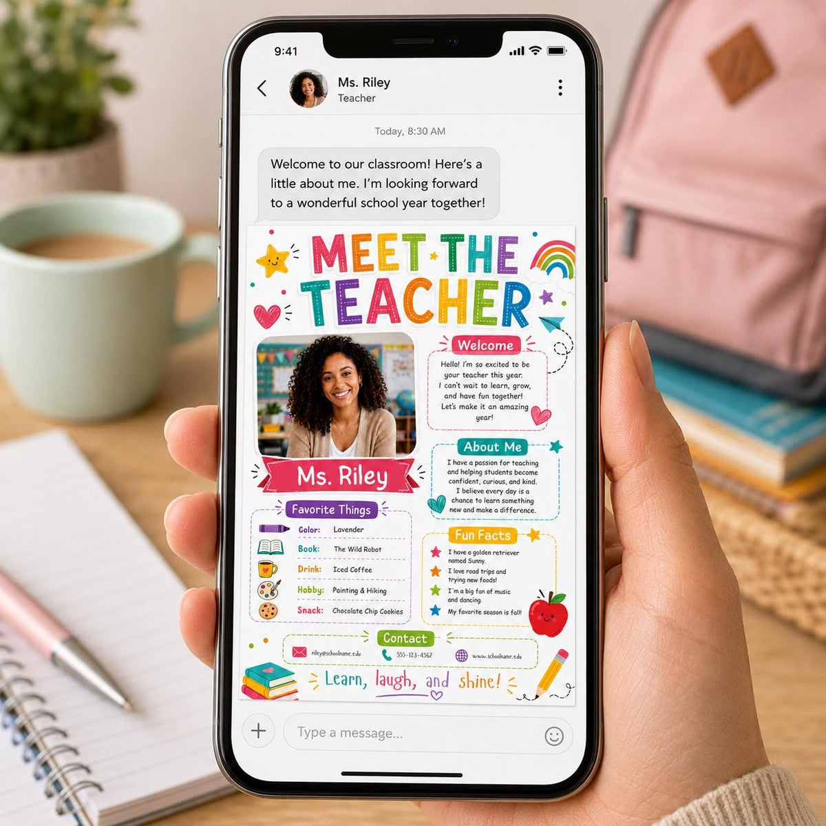 Colorful Meet the Teacher Photo Introduction Template — bow artwork in blue and green